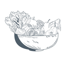 Bowl with vegetables and fruits hand draw icon vector illustration graphic design