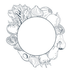 Vegetables and fruits round frame hand draw icon vector illustration graphic design
