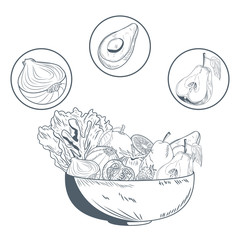 Bowl with vegetables and fruits hand draw icon vector illustration graphic design