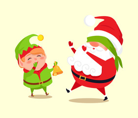Santa and Elf Cartoon Character Having Fun in Snow