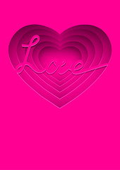 Vector illustration of silhouette heart. Shapes of heart on pink paper background. Valentines card in hearts shape with love lettering. Cut effect illustration for gift card