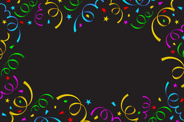 Colorful celebration background. Paper and ribbon with confetti. Vector Illustration isolated on black background.