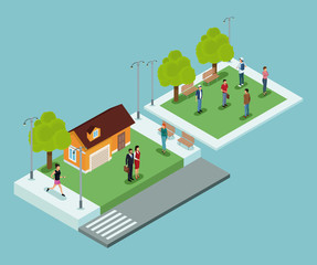 Isometric people in park on blue background vector illustration graphic