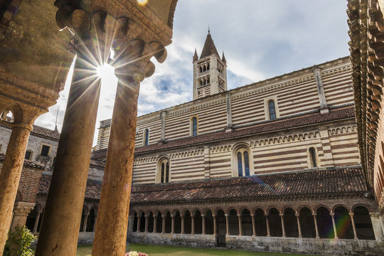 The cloister of the Basilica di San Zeno Maggiore in Verona, Northern Italy, built in Romanesque style