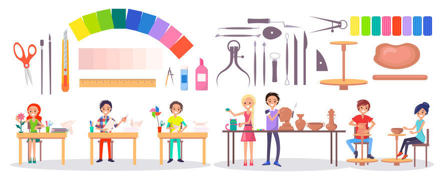 Students, Art Supplies and Stationery Illustration