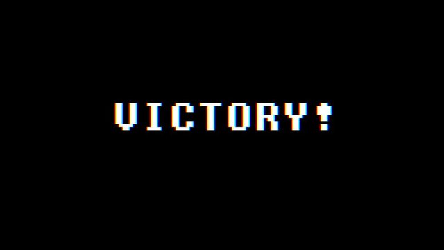 retro videogame VICTORY text on computer old tv glitch interference noise screen animation seamless loop - New quality universal vintage motion dynamic animated background colorful joyful video