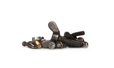 Pile of old rusty screw heads, bolts, metal nuts, isolated on white background