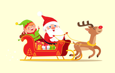 Santa and Elf Cartoon Characters Riding on Sleigh