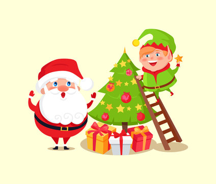 Santa Claus and Elf Decorating Christmas Tree
