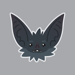 Bat sticker. Emoji. Vector illustration of cute Halloween bat vampire shows neutral emotion. Poker face. Emoticon icon with sublayer. Bat-eared grey creature snout. Print design. Badge. Apathetic.