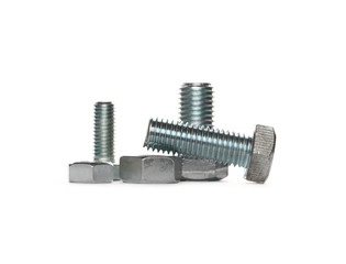 Pile metal screws, bolts and nuts isolated on white background
