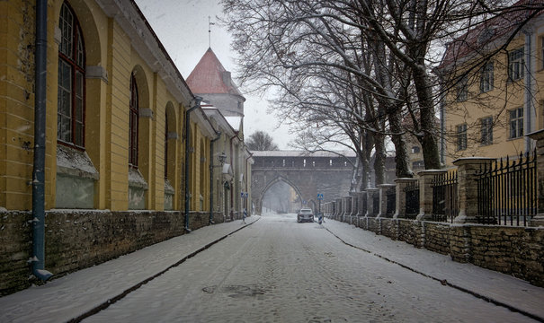 Snow-covered streets of Tallinn. Estonia.