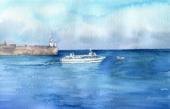watercolor sea with ship ant lighthouse at cape