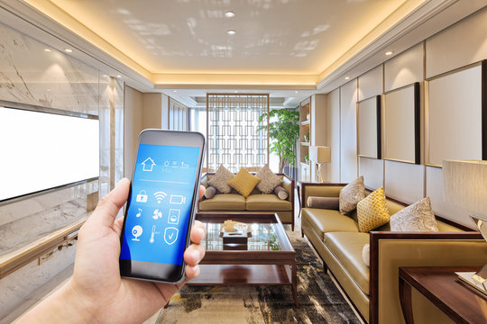 smart phone with smart home with modern living room