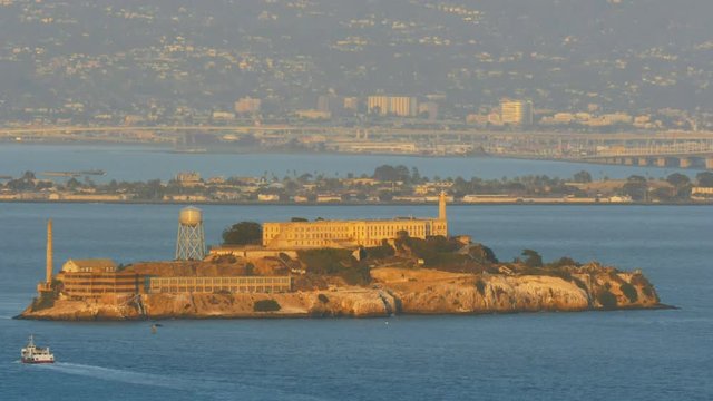 close up of alcatraz island in san francisco, california from battery spencer on marin headland