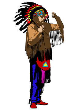 American Indian in national clothes on a white background