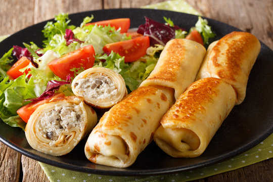 crepes rolls with chicken, cheese and mushrooms close-up and salad of fresh vegetables. horizontal