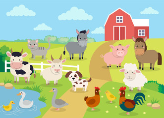 Obraz na płótnie Canvas Farm animals with landscape - cow, pig, sheep, horse, rooster, chicken, donkey, hen, goose, duck, goat, cat, dog. Cute cartoon vector illustration in flat style