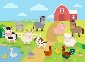 Farm animals with landscape - cow, pig, sheep, horse, rooster, chicken, donkey, hen, goose, duck, goat, cat, dog. Cute cartoon vector illustration in flat style