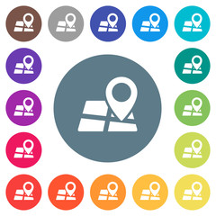Location pin on map flat white icons on round color backgrounds