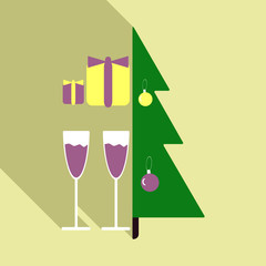 vector illustration of decorated Christmas tree with gifts and glasses