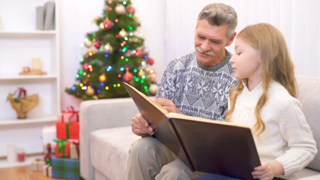 The old man and a girl read a book near the christmas tree