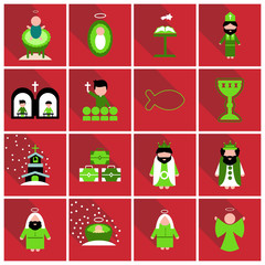 Merry Christmas set of flat icons . Birth of Christ illustration background concept.
