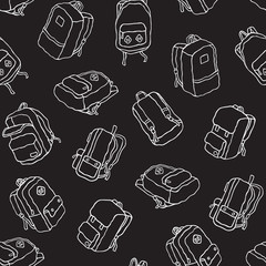 Backpack seamless pattern travel bag school bag doodle vector isolated wallpaper background black
