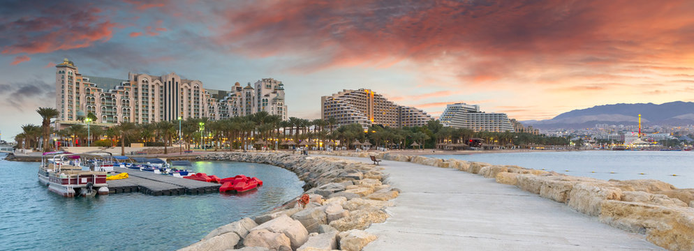 Panoramic view on the central public beach in Eilat - famous resort city in Israel