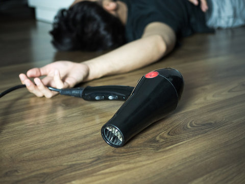 Hair dryer electric shock, accident of man pass out on the floor