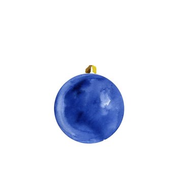 Christmas decorations on Christmas tree of watercolor stains blots. Watercolor dark blue Christmas ball