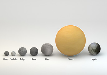 Saturn moons in size comparison with captions © ordus