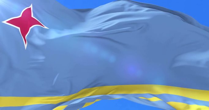 Aruba flag waving at wind in slow with blue sky, loop