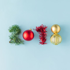 2018 made of Christmas decoration on bright blue background. New year concept. Flat lay.