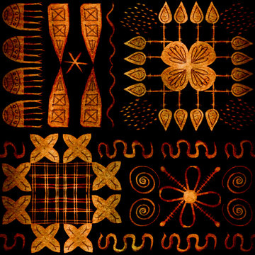 African tribal aborigines painting. Geometric seamless patterns. Brown background