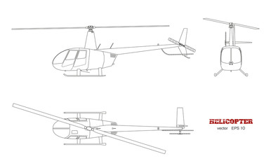 Blueprint of helicopter. Top, front and side view. Detailed image of business vehicle.  Industrial isolated drawing. Copter in outline style