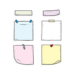 Hand drawn vector illustration of post it notes set on white background.
Color sheets of note paper with pin,clip,sticky tape. - 186101782