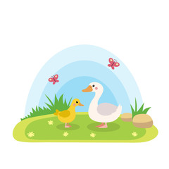 Farm animals with landscape - cute cartoon vector illustration with duck and duckling