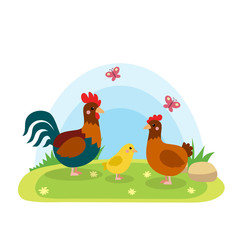 Farm animals with landscape - cute cartoon vector illustration with hen, chicken and rooster