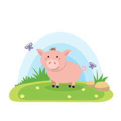 Farm animals with landscape - cute cartoon vector illustration with pig