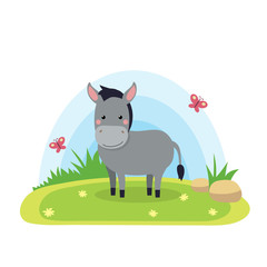 Farm animals with landscape - cute cartoon vector illustration with donkey