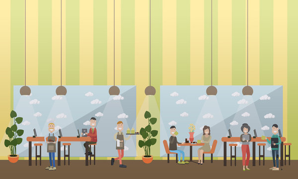 Internet cafe concept flat vector illustration