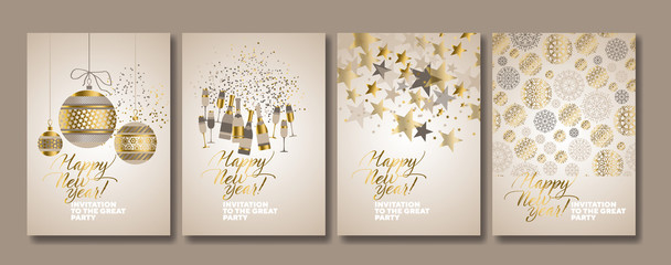 Concept luxury xmas design for header, banner, card, poster, invitation. Gold, white and baige Christmas and new year set.