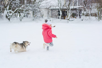 A girl in a pink jacket and hat runs in the snow next to a Husky dog.