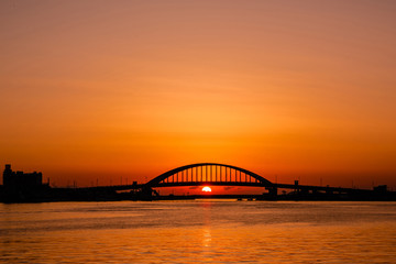 Fototapeta na wymiar Sunrise at the Seorak Grand Bridge. Sockcho, South Korea.