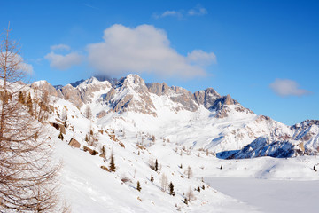 Almost empty ski slopes in Dolomites, Italy, Europe.