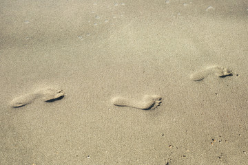 beach, wave and footsteps at sunset time
