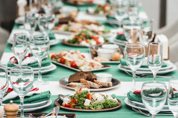 Served New Year or Christmas table closeup. Luxury restaurant