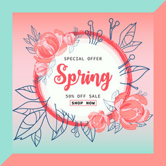 Spring sale banner vector illustration.