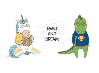 Hand drawn vector illustration of a cute funny cartoon unicorn reading a book, dragon in glasses and sweatshirt, holding a comic, text. Isolated objects. Design concept for children, geek culture. © Maria Skrigan